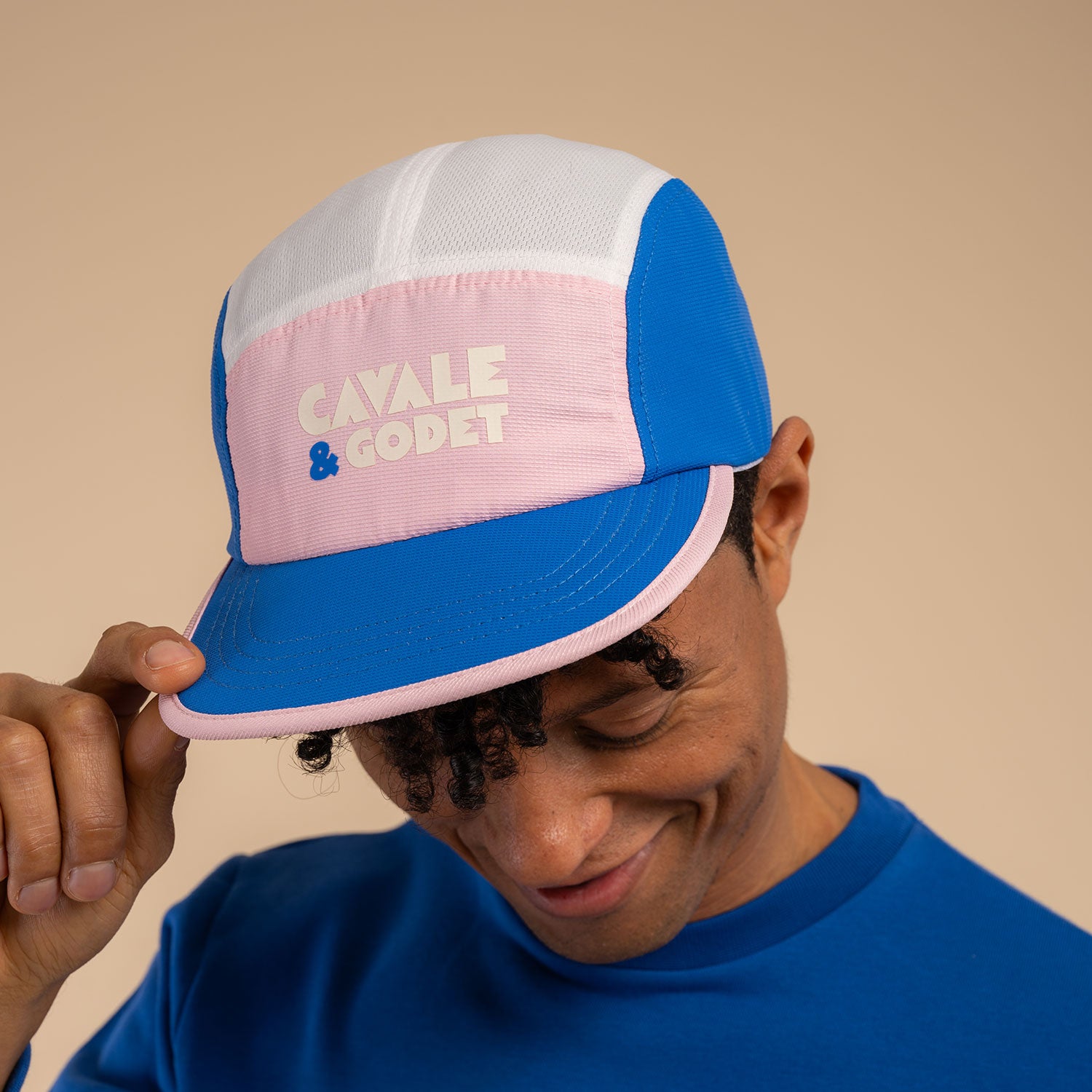 Casquette 5 panel bleu/rose